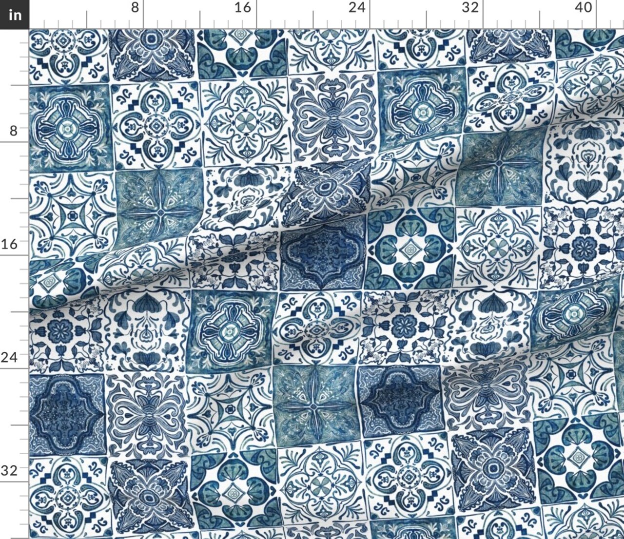 Cottagecore Geometric Modern Farmhouse Faux Tile Blue And White Floral Botanical Grandmillennial Coastal Mediterranean Traditional Classic Custom Printed Fabric by Spoonflower Various Fabrics by the Yard or Fat Quarter